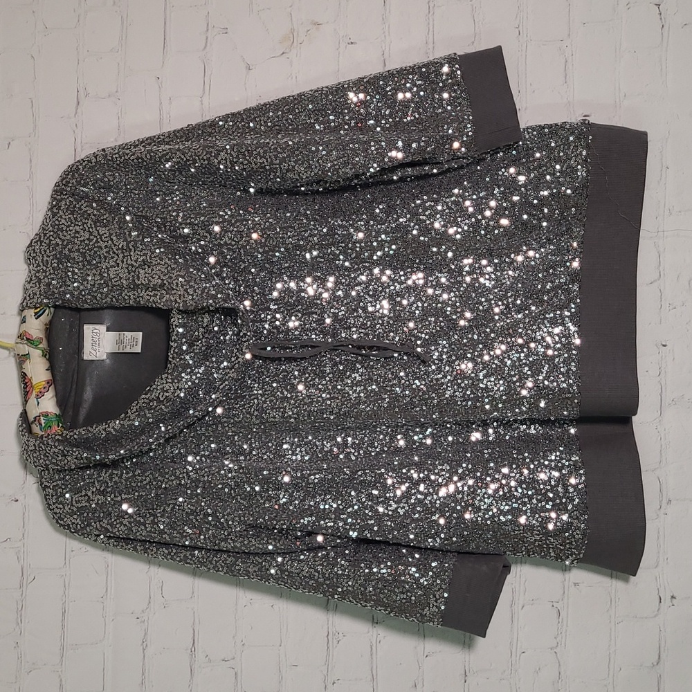 Zenergy By Chicos Silver Sequins Slouch Neck Quarter Sleeve Top Womens Size 3 - Picture 3 of 9